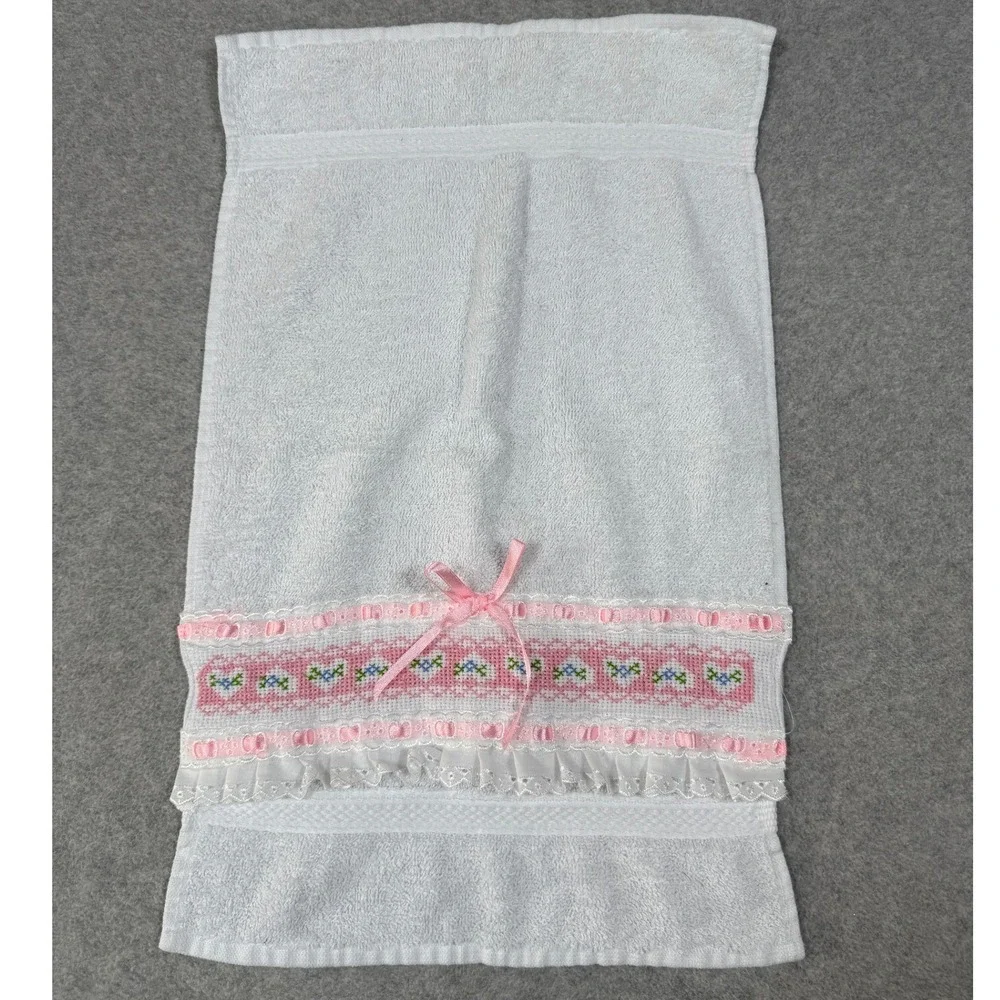Vintage Premier White Hand Towel Needlepoint Heart Coquette Lace Ribbon